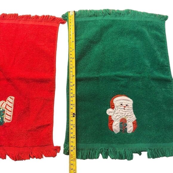 2 Vtg Christmas Embroidered Hand Towels JOY Candy CANE Green Santa Fringe Wreath - Picture 3 of 5